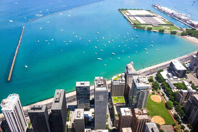 Birds eye view of Chicago and Lake Michigan waterfront
