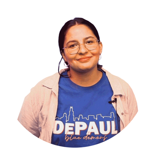 A smiling young woman wearing a DePaul t-shirt